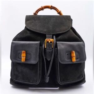 Gucci Black Suede Backpack with Bamboo Details